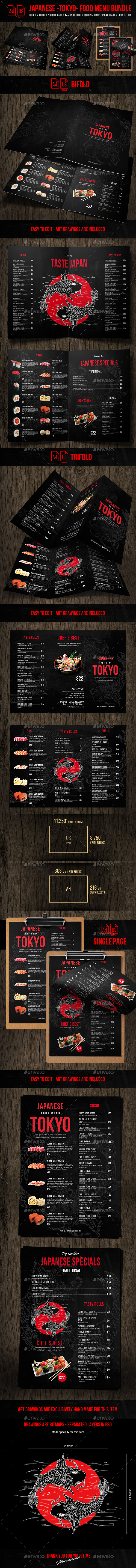 Japanese Tokyo Food Menu Bundle - A4 & US Letter Formats - Food Menus Print Templates