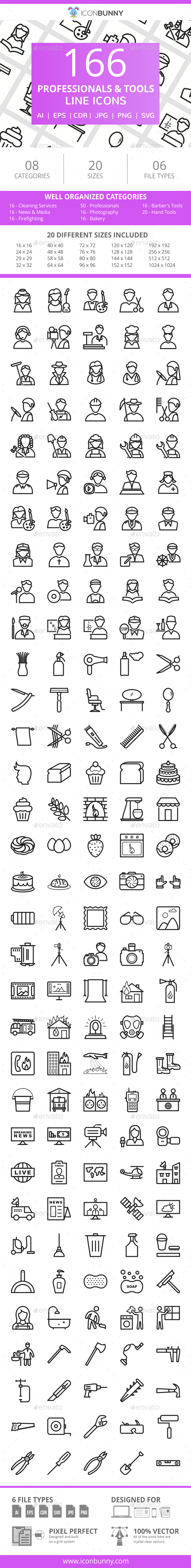 166 Professionals & their tools Line Icons - Icons