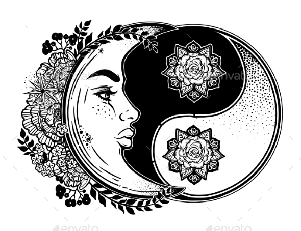 Yin and Yang Symbol with Decorative Crescent Moon - Tattoos Vectors