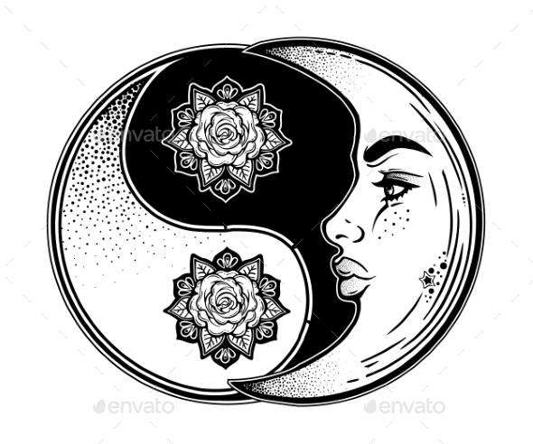 Yin and Yang Symbol with Decorative Crescent Moon - Tattoos Vectors