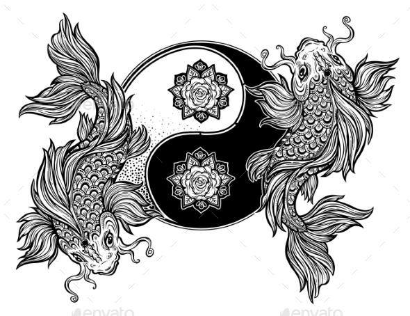 Yin and Yang Tao Floral Symbol with Koi Carp Fish - Tattoos Vectors
