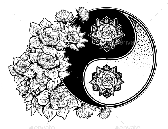 Yin and Yang Symbol with Lotus Lily Flower Stems - Tattoos Vectors