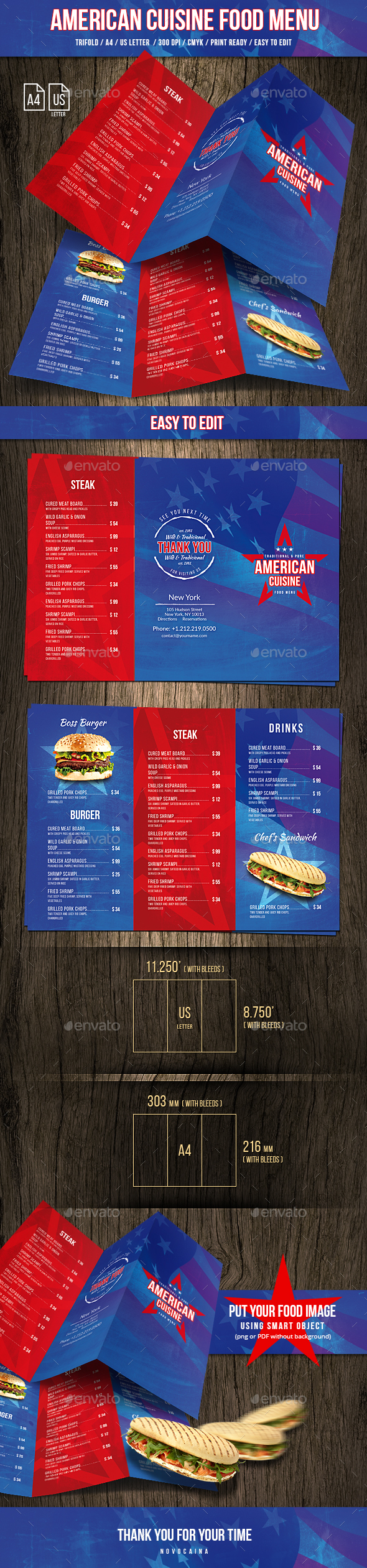 American Cuisine Trifold A4 & US Letter Food Menu - Food Menus Print Templates