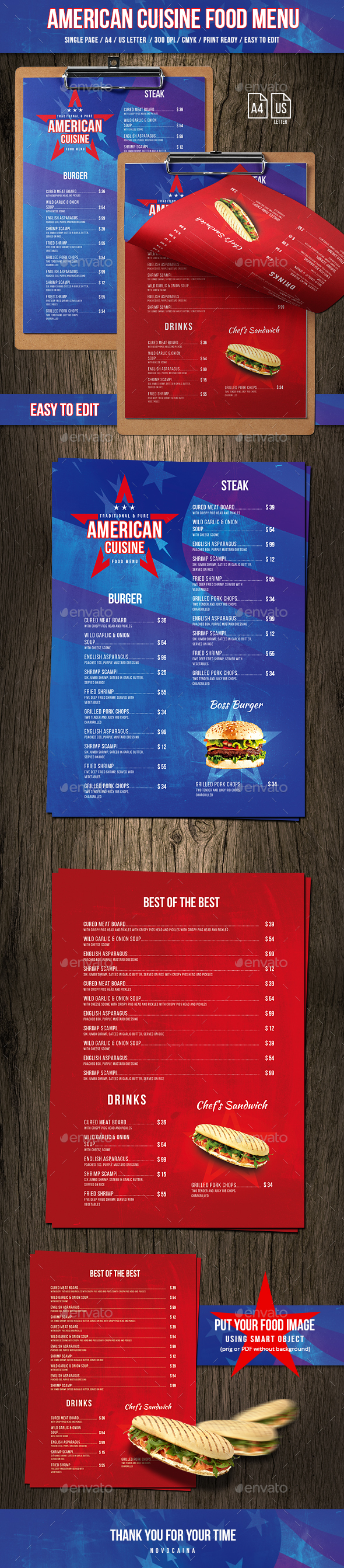 American Cuisine A4 & US Letter Single Page Menu - Food Menus Print Templates