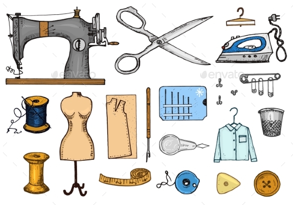 Set of Sewing Tools and Materials or Elements - Miscellaneous Vectors