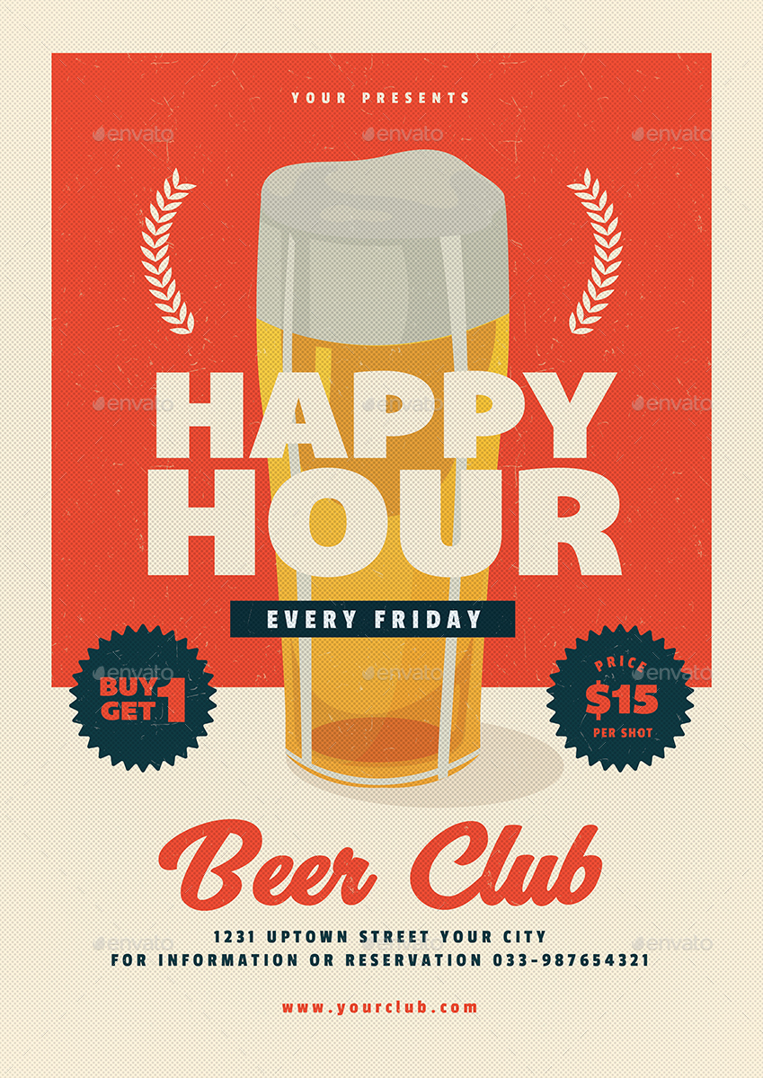 Retro Happy Hour Beer Flyer, Print Templates | GraphicRiver