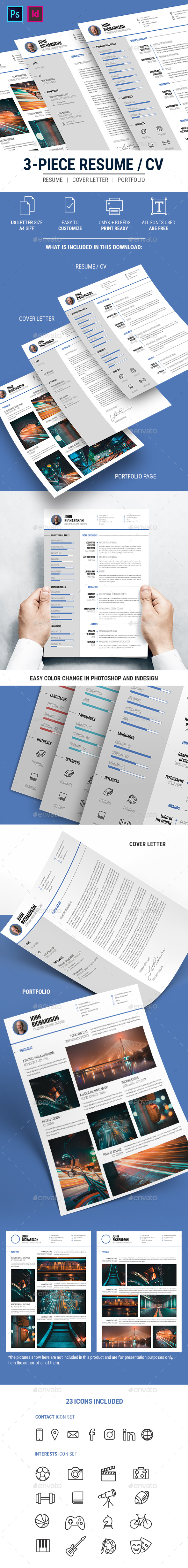 Clean Modern 3-Piece CV Resume - Resumes Stationery
