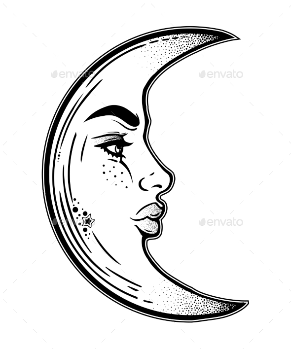 Crescent Moon As a Woman Face - Tattoos Vectors