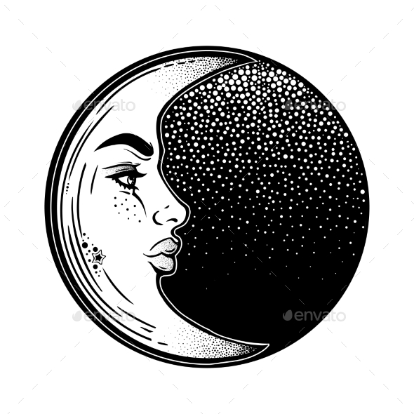 Crescent Moon As a Woman Face - Tattoos Vectors