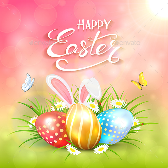 Pink Sunny Background with Easter Eggs and Rabbit Ears in Grass - Miscellaneous Seasons/Holidays