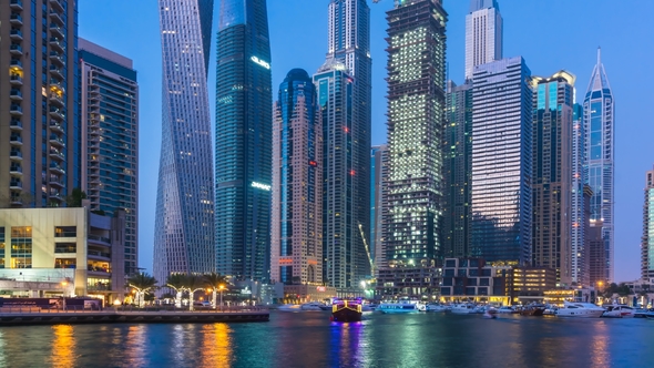 Beautiful View From Promenade on Dubai Marina Tallest Modern Towers and Floating Yachts and Boats  a alt