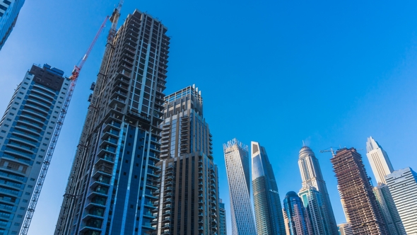 Look Up View To Skyscrapers Dubai Marina Construction New Building Sunset  Uae alt