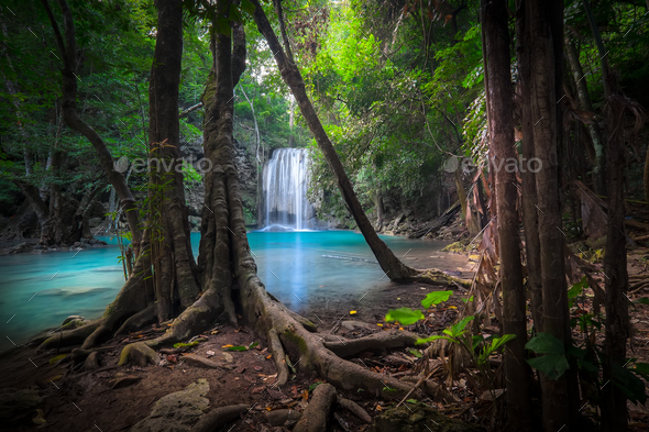 Jungle landscape with Erawan waterfall. Kanchanaburi, Thailand - Stock Photo - Images