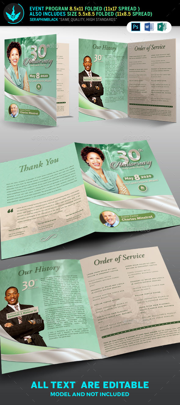 Mint Green plus Silver and Beige Church Anniversary Program Template - Informational Brochures