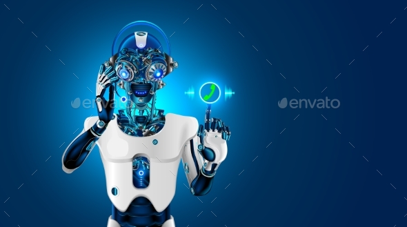 Robot Head with Headset Robot Receives the Call - Communications Technology