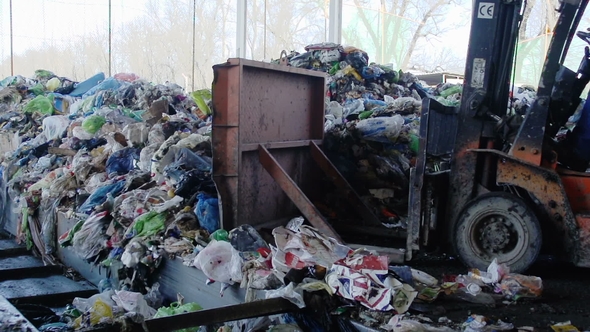 Plant for Sorting and Recycling The Bulldozer Driver Works on Trash Sorting alt