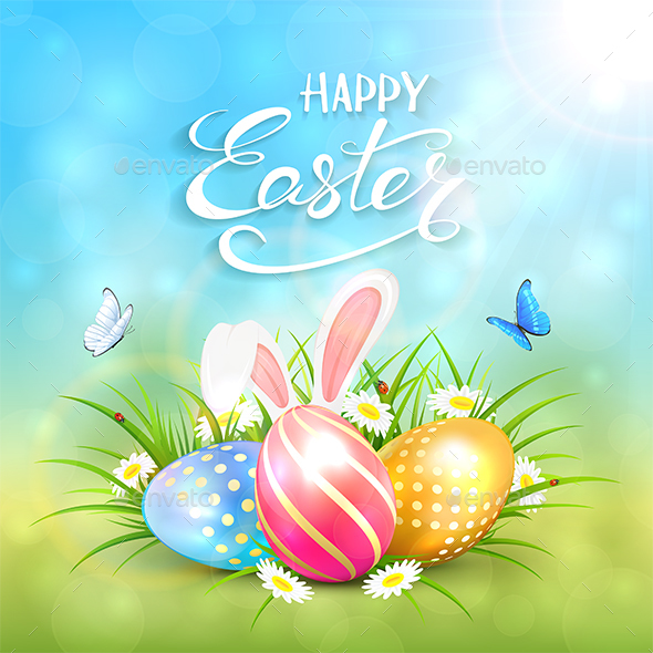 Blue Sunny Background with Easter Eggs and Rabbit - Miscellaneous Seasons/Holidays
