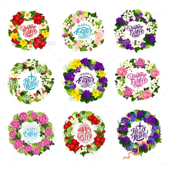 Vector Happy Easter Holiday Flower and Cross Icons - Religion Conceptual