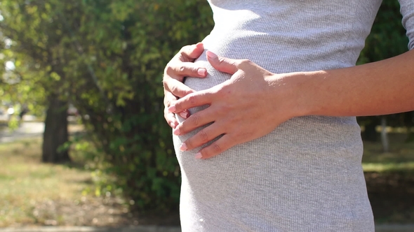 Belly of Pregnant Girl in Summer Park