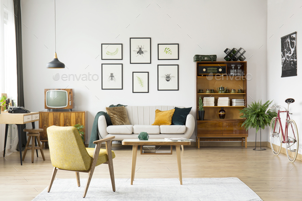 Retro living room with television - Stock Photo - Images