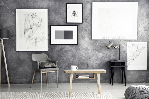 Posters in grey flat interior - Stock Photo - Images