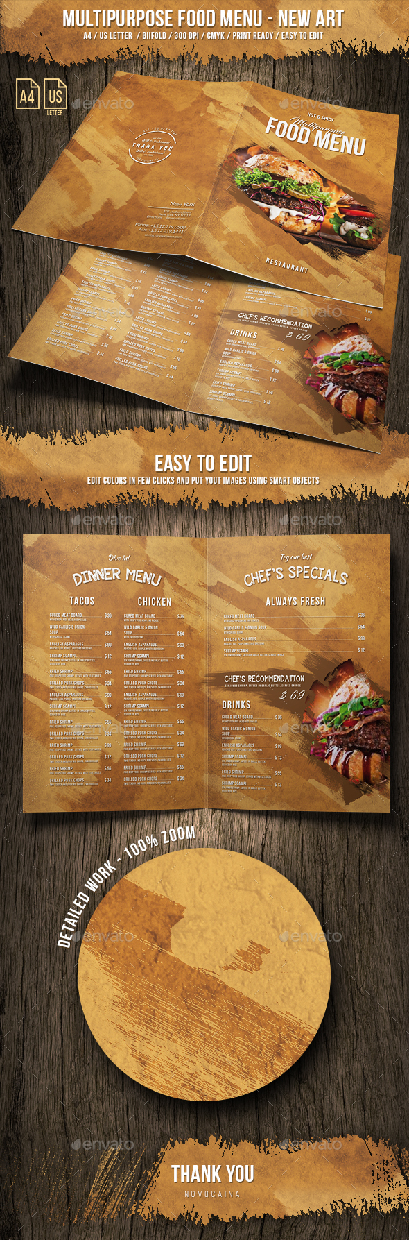 Multipurpose Food Menu - New Art - A4 & US Letter Bifold - Food Menus Print Templates