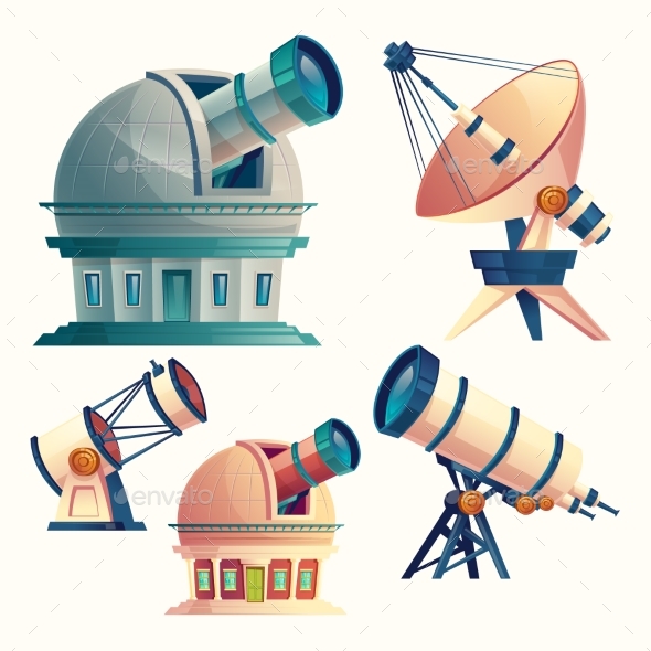 Vector Cartoon Set with Astronomical Equipment - Man-made Objects Objects