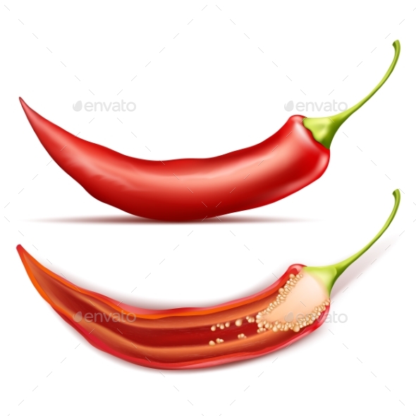 Vector Realistic Red Pod of Hot Chili Pepper - Food Objects