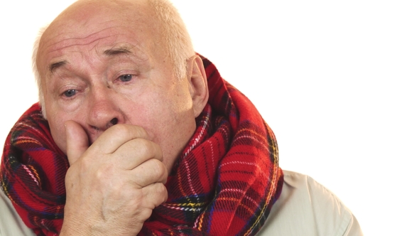 Sick and Ill Senior Man Wearing a Scarf Coughing Looking Tired alt