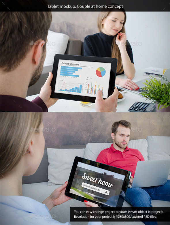 Two Tablet Mockups. Couple at Home Concept - Mobile Displays