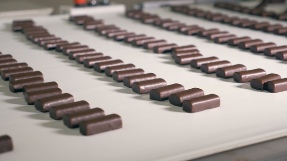 Rows of Chocolate Candies Moving Along the Factory Conveyor alt