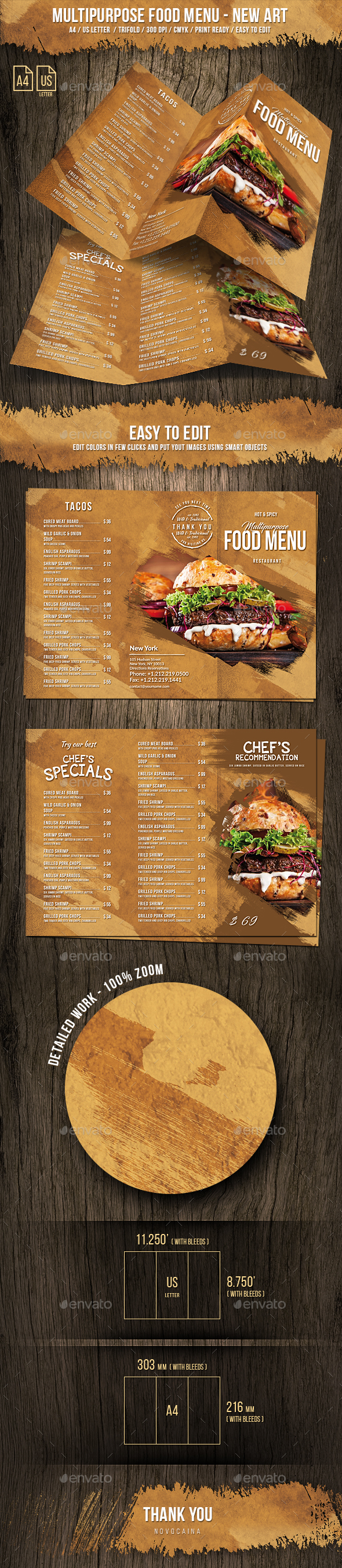Multipurpose Food Menu - A4 & US Letter - Trifold - New Art - Food Menus Print Templates