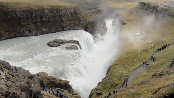 View on a Famous Icelandic Waterfall Gullfoss and Hvita River Valley at the Bottom in Fall Day