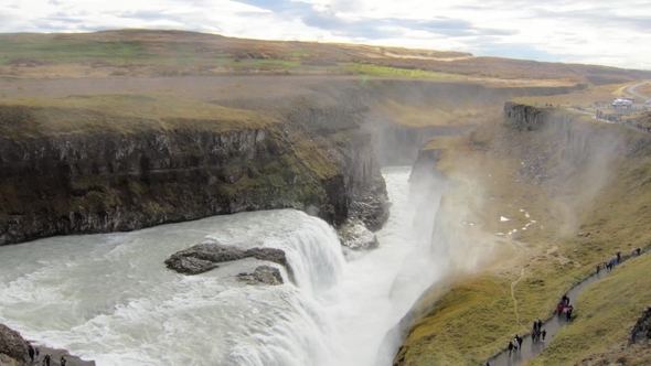 Epic View on Icelandic Waterfall Gullfoss and Hvita River Valley at the Bottom, Tourists Are Walking