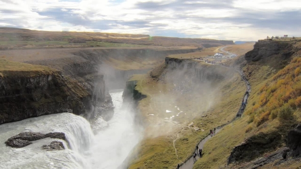 View on Valley with Waterfall Gullfoss and Hvita River in Iceland in Clear Weather in Autumn Day