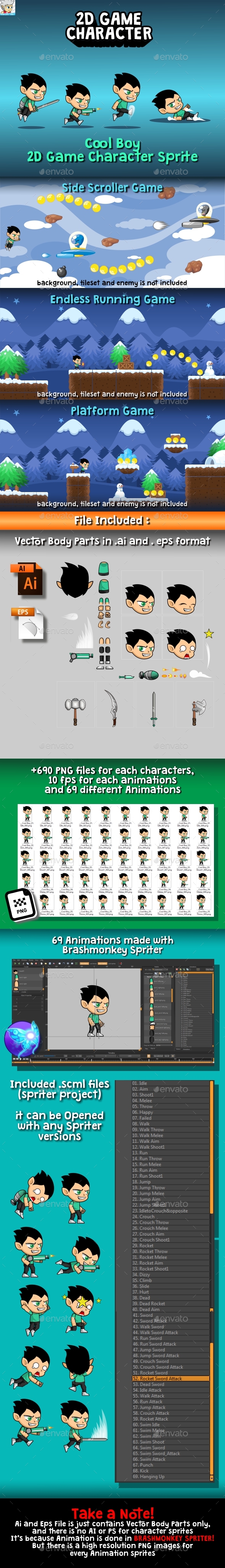 Cool Boy 2D Game Character Sprite - Sprites Game Assets