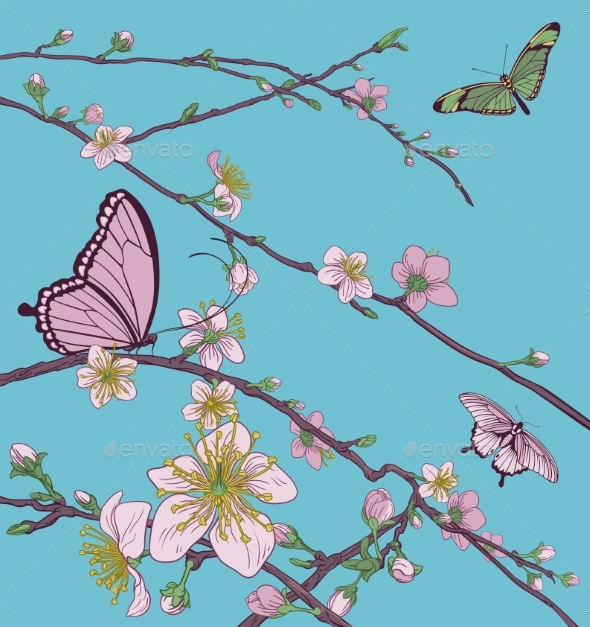 Cherry Peach Blossom Tree Flowers and Butterflies - Flowers & Plants Nature