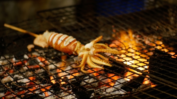 Squid Cooked on the Grill Grate in Night Food Market, Thailand Street Food Thailand alt