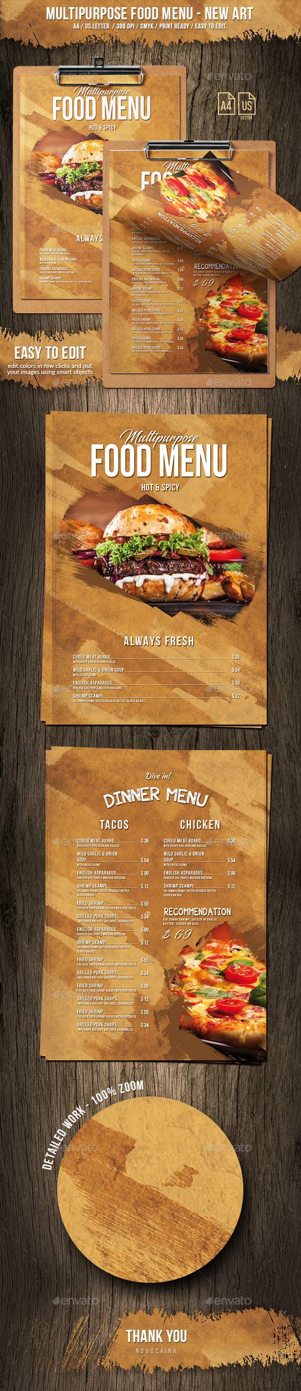 Multipurpose Food Menu - New Art - A4 & US Letter - Food Menus Print Templates