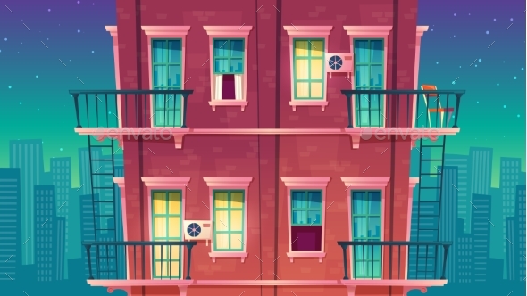 Vector Multi-Story Apartment at Night - Buildings Objects