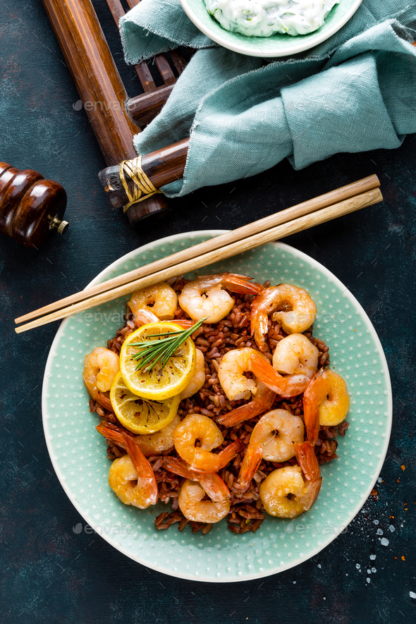 Prawns roasted on grill - Stock Photo - Images