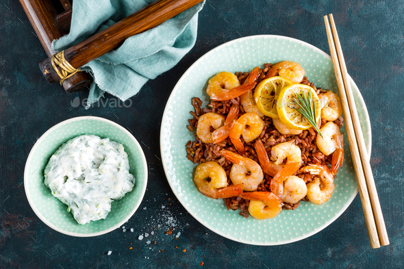Prawns roasted on grill - Stock Photo - Images