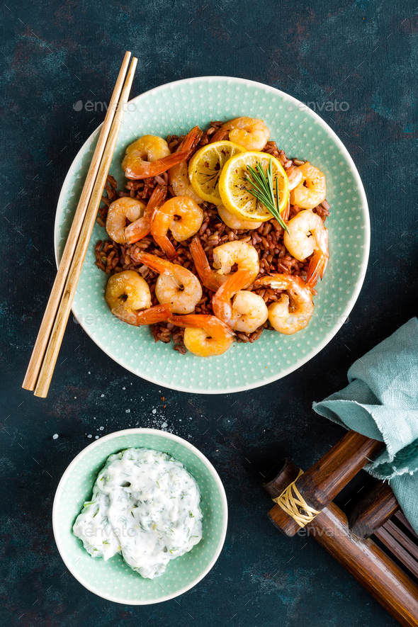 Prawns roasted on grill and rice - Stock Photo - Images