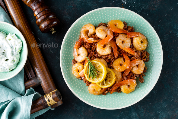 Prawns roasted on grill and rice - Stock Photo - Images
