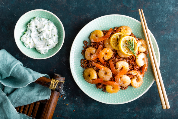 Prawns roasted on grill - Stock Photo - Images