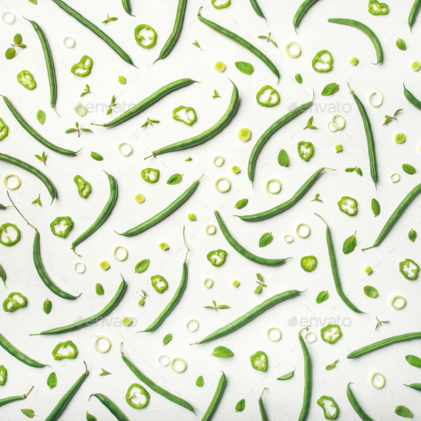 Flat-lay of fresh green beans over white background, square crop - Stock Photo - Images