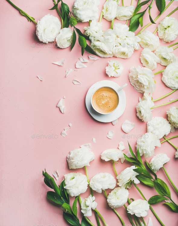 Flat-lay of cup of coffee and ranunculus flowers, copy space - Stock Photo - Images