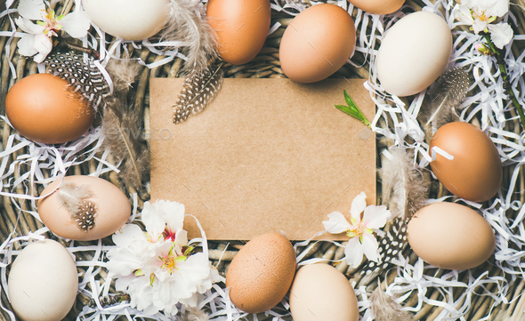 Easter background with eggs, flowers and feathers, copy space - Stock Photo - Images