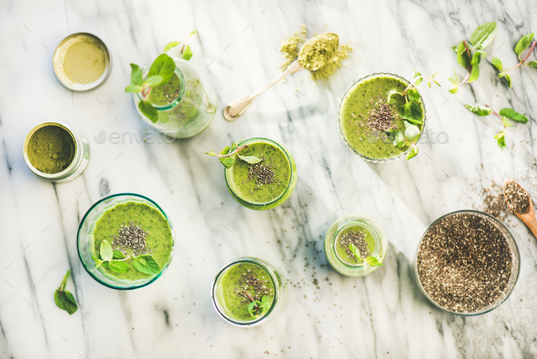 Matcha green vegan smoothie with chia seeds, top view - Stock Photo - Images