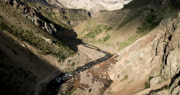 Aerial view of the campanario river with the homonymous hot springs with the sunlight at dawn in the alt